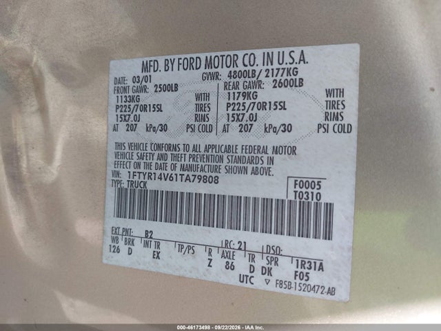Продаж на аукціоні авто 2001 Ford Ranger, vin: 1FTYR14V61TA79808, номер лоту: 46173498