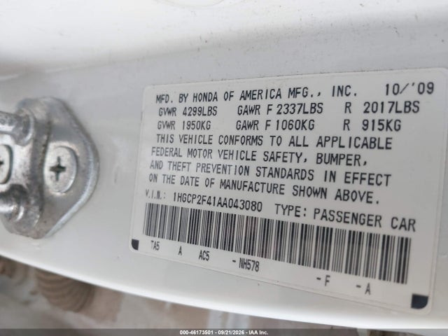 46173501 :رقم المزاد ، 1HGCP2F41AA043080 vin ، 2010 Honda Accord 2.4 Lx-p مزاد بيع