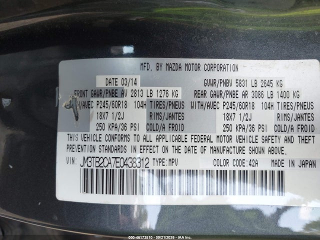 Продаж на аукціоні авто 2014 Mazda Cx-9 Touring, vin: JM3TB2CA7E0438312, номер лоту: 46173510