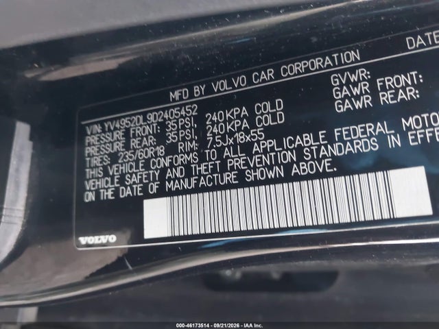 46173514 :رقم المزاد ، YV4952DL9D2405452 vin ، 2013 Volvo Xc60 3.2/3.2 Platinum/3.2 Premier/3.2 Premier Plus مزاد بيع