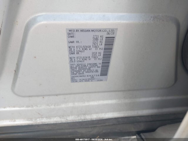 46173517 :رقم المزاد ، 5N1DR2MN9KC643758 vin ، 2019 Nissan Pathfinder Sl مزاد بيع