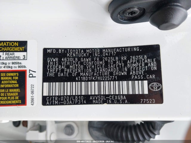 2017 Toyota Camry Hybrid Xle მანქანა იყიდება აუქციონზე, vin: 4T1BD1FK7HU225771, აუქციონის ნომერი: 46173522