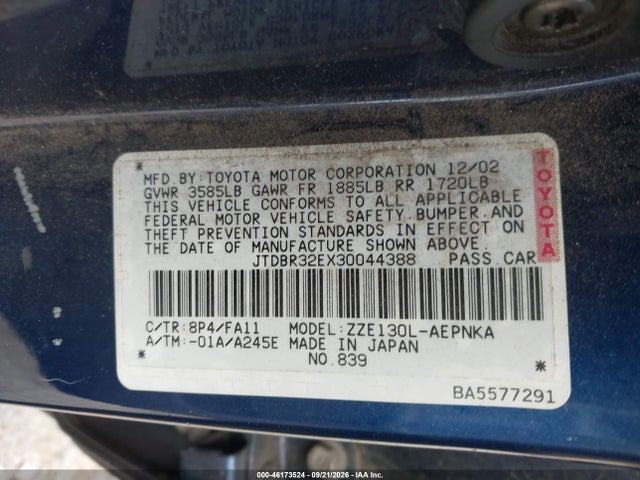 Aukcja sprzedaży 2003 Toyota Corolla Le, vin: JTDBR32EX30044388, numer aukcji: 46173524