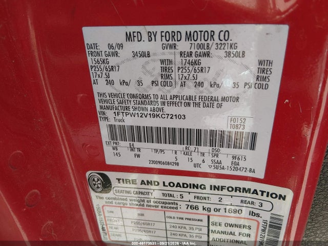 2009 Ford F-150 King Ranch/lariat/platinum/xl/xlt მანქანა იყიდება აუქციონზე, vin: 1FTPW12V19KC72103, აუქციონის ნომერი: 46173531