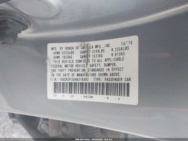 Продаж на аукціоні авто 2017 Honda Accord Lx, vin: 1HGCR2F35HA076692, номер лоту: 46173532