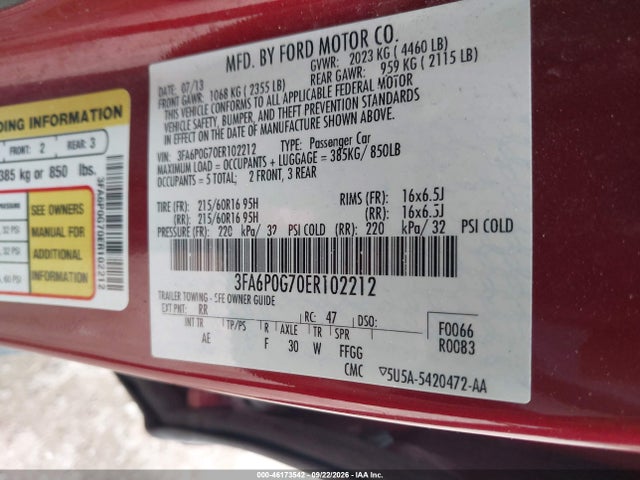 Aukcja sprzedaży 2014 Ford Fusion S, vin: 3FA6P0G70ER102212, numer aukcji: 46173542