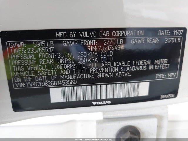 46173546 :رقم المزاد ، YV4CY982681453560 vin ، 2008 Volvo Xc90 3.2 مزاد بيع