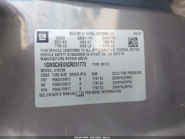 Продаж на аукціоні авто 2012 Chevrolet Tahoe Ls, vin: 1GNSCAE03CR231772, номер лоту: 46173549