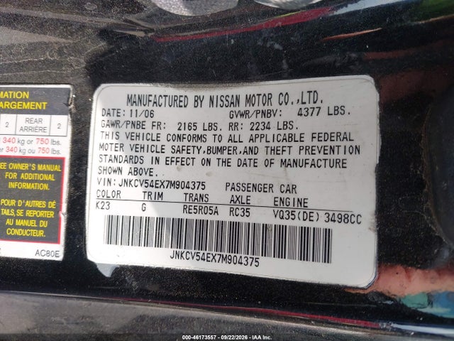 Продажа на аукционе авто 2007 Infiniti G35, vin: JNKCV54EX7M904375, номер лота: 46173557