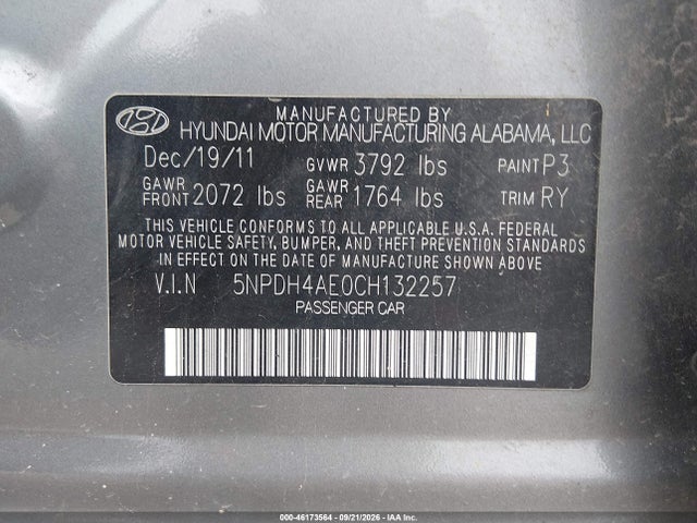 Aukcja sprzedaży 2012 Hyundai Elantra Limited, vin: 5NPDH4AE0CH132257, numer aukcji: 46173564