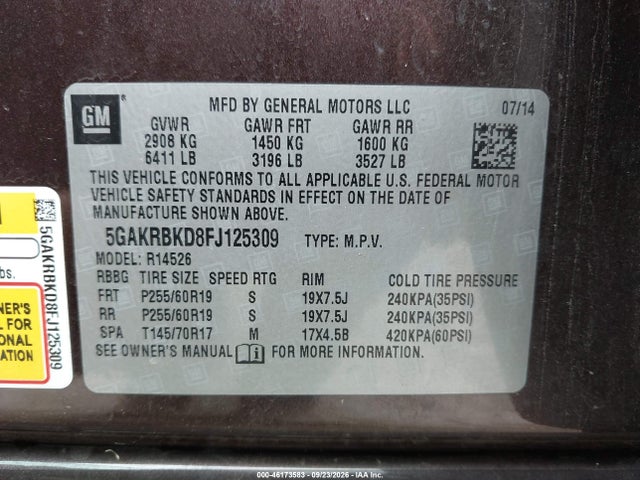 Aukcja sprzedaży 2015 Buick Enclave Leather, vin: 5GAKRBKD8FJ125309, numer aukcji: 46173583