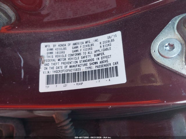 46173595 :رقم المزاد ، 1HGCR2F30FA215835 vin ، 2015 Honda Accord Lx مزاد بيع