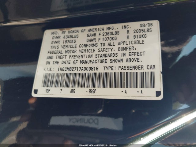 Продаж на аукціоні авто 2007 Honda Accord 3.0 Ex, vin: 1HGCM82717A000816, номер лоту: 46173606