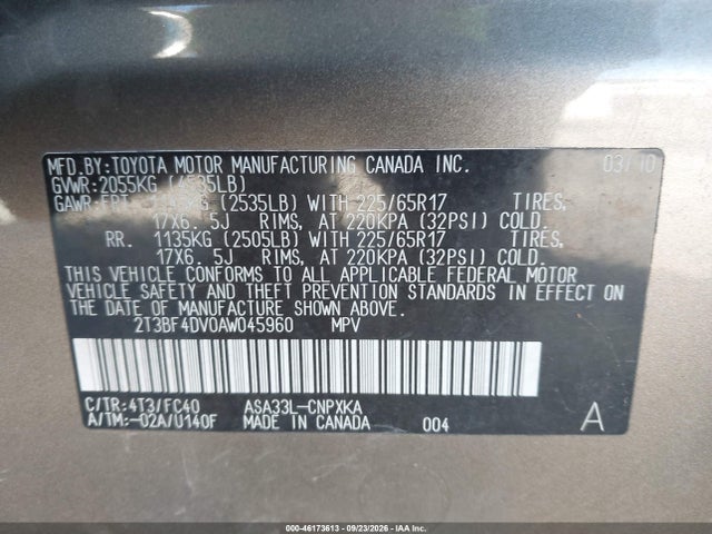 46173613 :رقم المزاد ، 2T3BF4DV0AW045960 vin ، 2010 Toyota Rav4 مزاد بيع