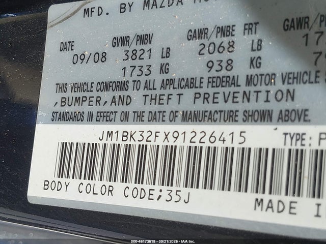 Aukcja sprzedaży 2009 Mazda Mazda3 I, vin: JM1BK32FX91226415, numer aukcji: 46173618