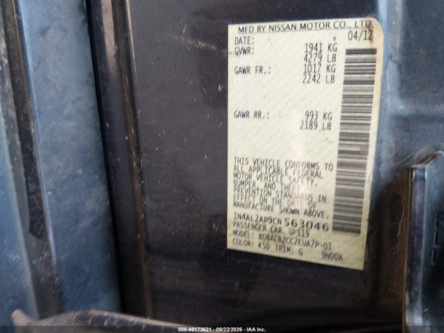 2012 Nissan Altima 2.5 S მანქანა იყიდება აუქციონზე, vin: 1N4AL2AP9CN563046, აუქციონის ნომერი: 46173621