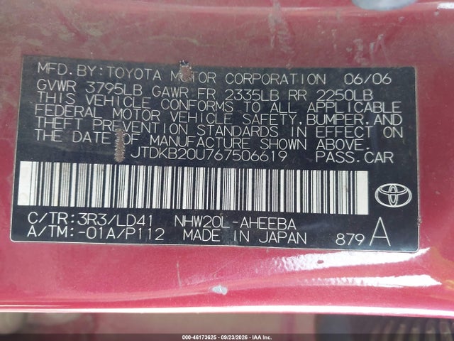 2006 Toyota Prius მანქანა იყიდება აუქციონზე, vin: JTDKB20U767506619, აუქციონის ნომერი: 46173625