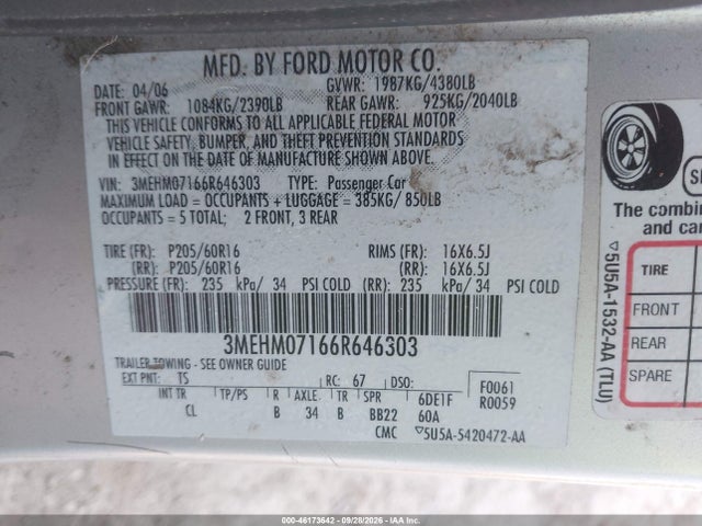 Продажа на аукционе авто 2006 Mercury Milan V6, vin: 3MEHM07166R646303, номер лота: 46173642