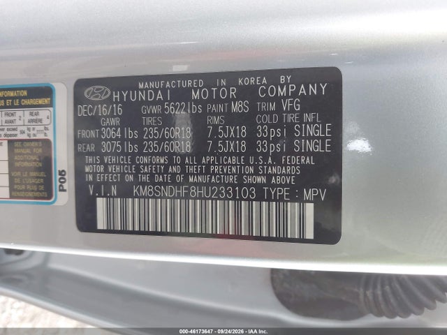 Aukcja sprzedaży 2017 Hyundai Santa Fe Limited, vin: KM8SNDHF8HU233103, numer aukcji: 46173647