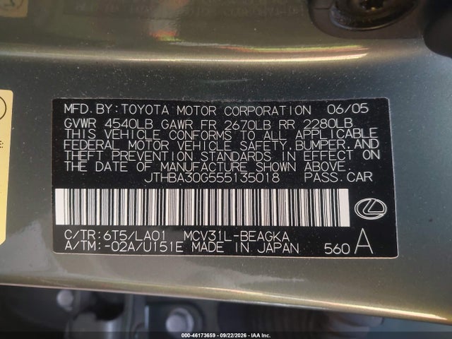Продажа на аукционе авто 2005 Lexus Es 330, vin: JTHBA30G555135018, номер лота: 46173659