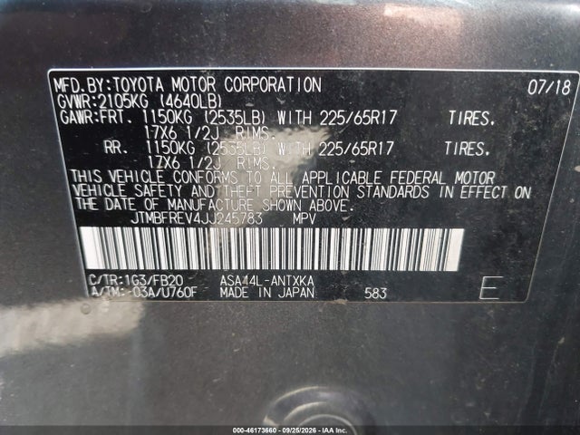 Aukcja sprzedaży 2018 Toyota Rav4 Le, vin: JTMBFREV4JJ245783, numer aukcji: 46173660