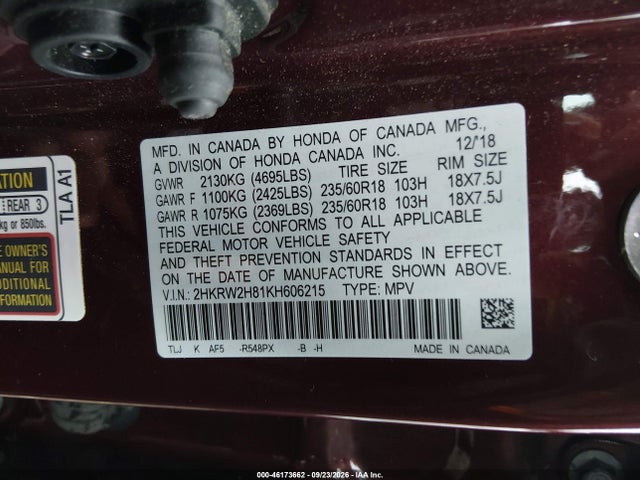 Aukcja sprzedaży 2019 Honda Cr-v Ex-l, vin: 2HKRW2H81KH606215, numer aukcji: 46173662
