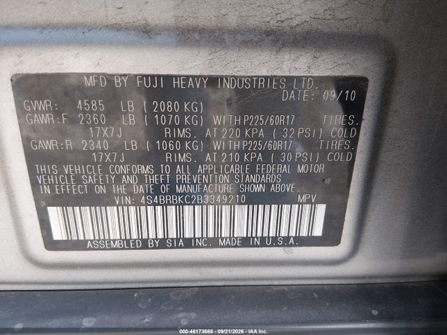 Продаж на аукціоні авто 2011 Subaru Outback 2.5i Limited, vin: 4S4BRBKC2B3349210, номер лоту: 46173668