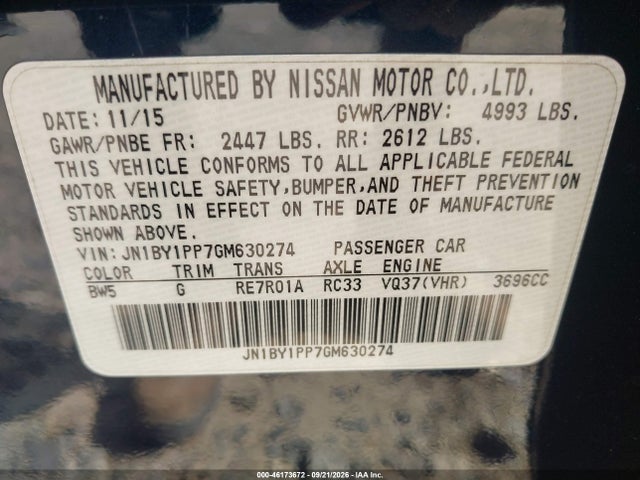 46173672 :رقم المزاد ، JN1BY1PP7GM630274 vin ، 2016 Infiniti Q70l 3.7 مزاد بيع