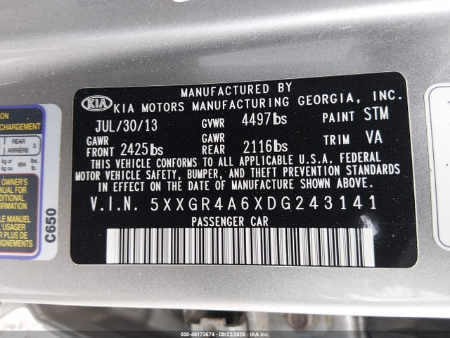 2013 Kia Optima Sx მანქანა იყიდება აუქციონზე, vin: 5XXGR4A6XDG243141, აუქციონის ნომერი: 46173674