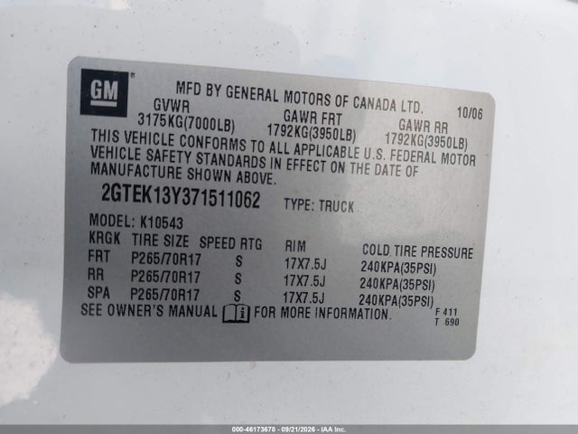 46173678 :رقم المزاد ، 2GTEK13Y371511062 vin ، 2007 Gmc Sierra 1500 Slt مزاد بيع