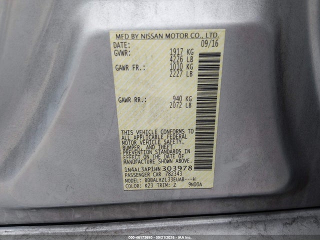 46173680 :رقم المزاد ، 1N4AL3AP1HN303978 vin ، 2017 Nissan Altima 2.5 Sr مزاد بيع