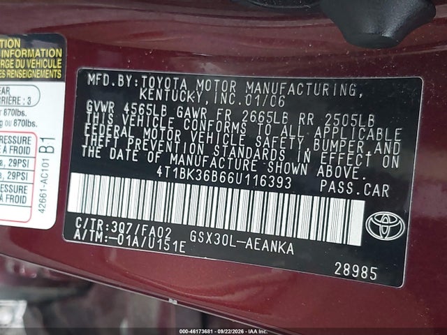 Aukcja sprzedaży 2006 Toyota Avalon Xl, vin: 4T1BK36B66U116393, numer aukcji: 46173681