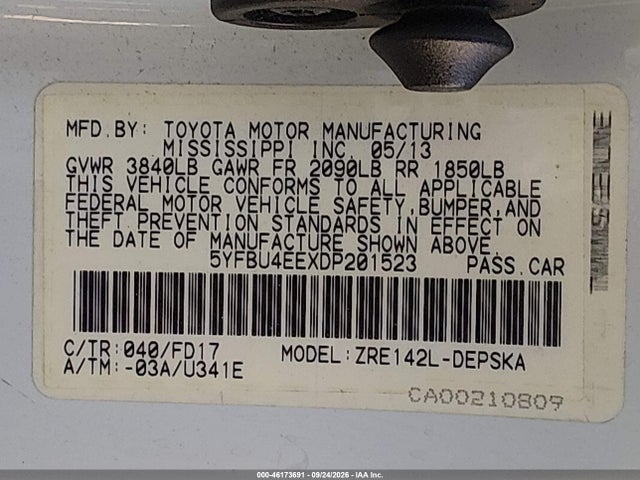 Aukcja sprzedaży 2013 Toyota Corolla S, vin: 5YFBU4EEXDP201523, numer aukcji: 46173691