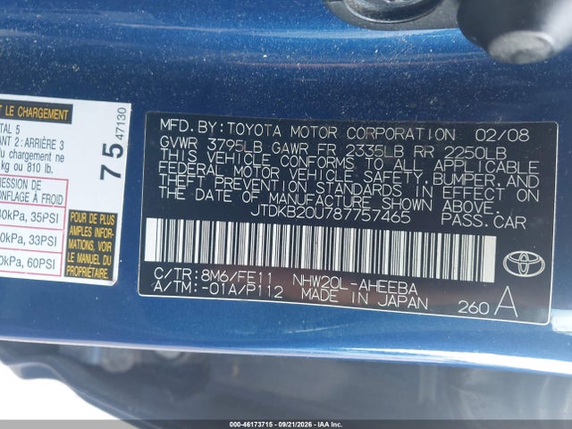Aukcja sprzedaży 2008 Toyota Prius, vin: JTDKB20U787757465, numer aukcji: 46173715
