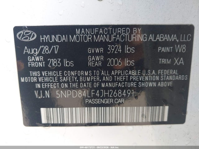 2018 Hyundai Elantra Limited მანქანა იყიდება აუქციონზე, vin: 5NPD84LF4JH268491, აუქციონის ნომერი: 46173721