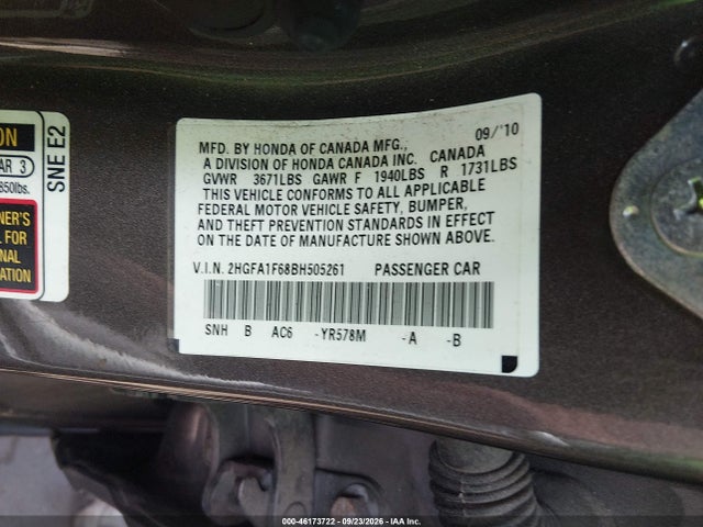 46173722 :رقم المزاد ، 2HGFA1F68BH505261 vin ، 2011 Honda Civic Lx-s مزاد بيع