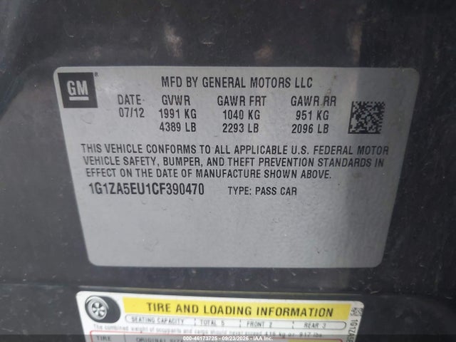 2012 Chevrolet Malibu Ls მანქანა იყიდება აუქციონზე, vin: 1G1ZA5EU1CF390470, აუქციონის ნომერი: 46173725