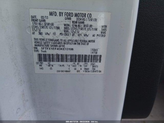 2013 Ford F-150 Xl მანქანა იყიდება აუქციონზე, vin: 1FTFX1EF4DKE13106, აუქციონის ნომერი: 46173726