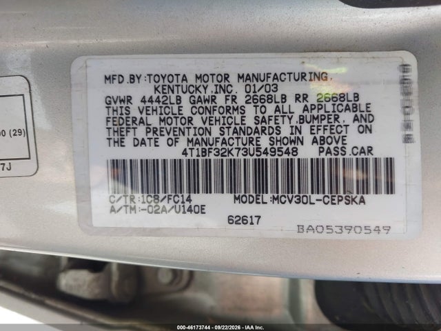 2003 Toyota Camry Se V6 მანქანა იყიდება აუქციონზე, vin: 4T1BF32K73U549548, აუქციონის ნომერი: 46173744