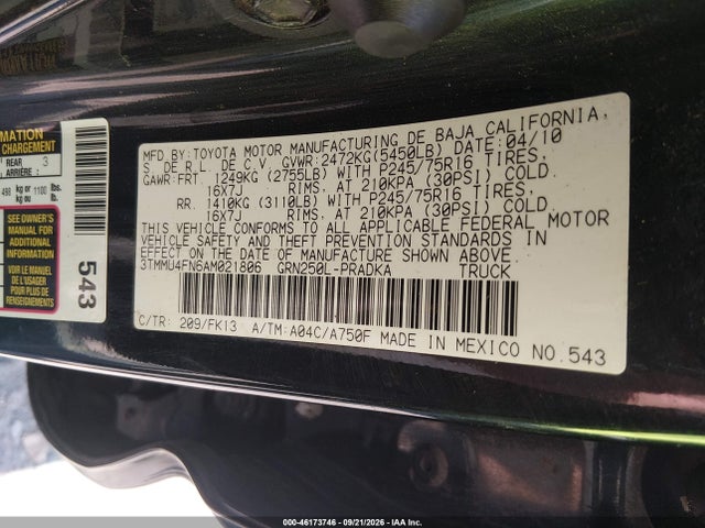 2010 Toyota Tacoma Base V6 მანქანა იყიდება აუქციონზე, vin: 3TMMU4FN6AM021806, აუქციონის ნომერი: 46173746