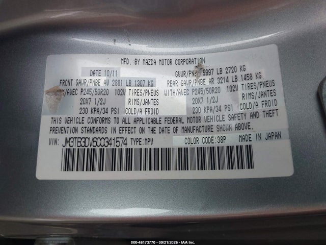 46173770 :رقم المزاد ، JM3TB3DV6C0341574 vin ، 2012 Mazda Cx-9 Grand Touring مزاد بيع