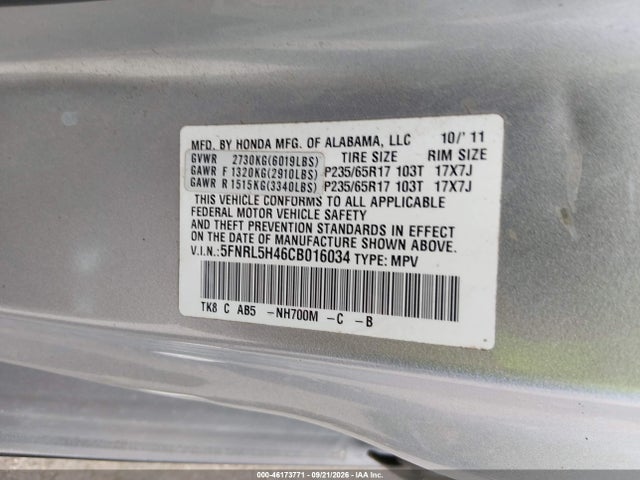 46173771 :رقم المزاد ، 5FNRL5H46CB016034 vin ، 2012 Honda Odyssey Ex مزاد بيع