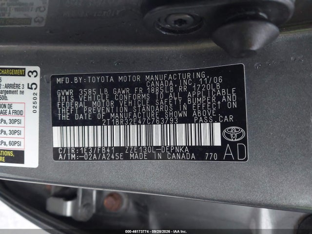 46173774 :رقم المزاد ، 2T1BR32E47C763793 vin ، 2007 Toyota Corolla Le مزاد بيع