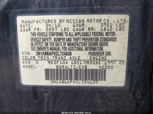 Продаж на аукціоні авто 2012 Nissan Sentra 2.0 Sr, vin: 3N1AB6APXCL724639, номер лоту: 46173779