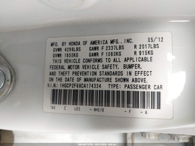 Aukcja sprzedaży 2012 Honda Accord 2.4 Se, vin: 1HGCP2F68CA174334, numer aukcji: 46173782