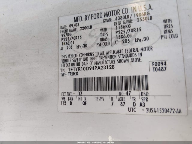 Продажа на аукционе авто 2004 Ford Ranger Xl/xlt, vin: 1FTYR10D94PA23128, номер лота: 46173791