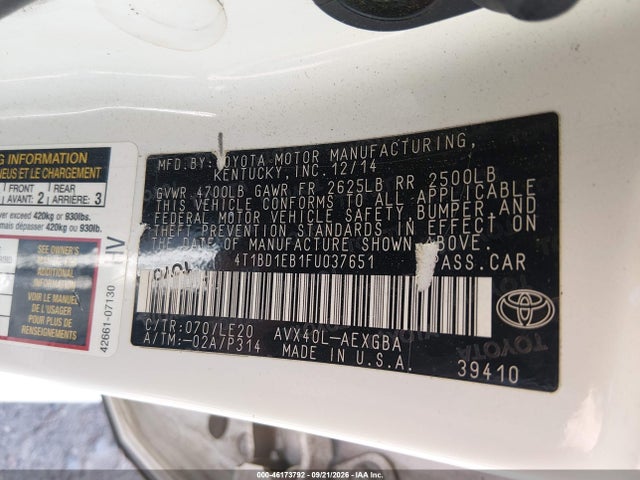 2015 Toyota Avalon Hybrid Xle Touring მანქანა იყიდება აუქციონზე, vin: 4T1BD1EB1FU037651, აუქციონის ნომერი: 46173792
