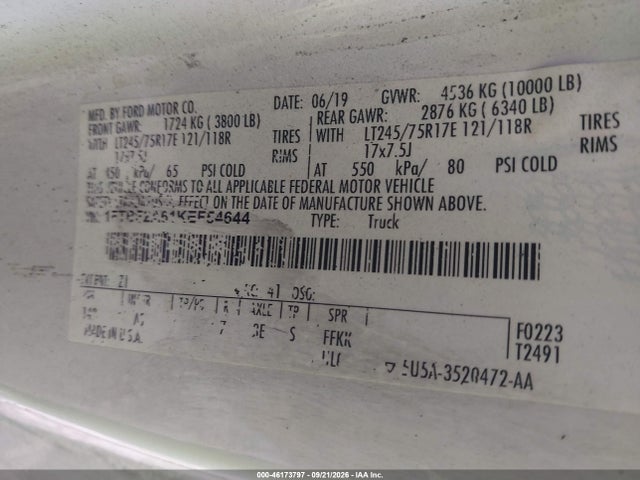 2019 Ford F-250 Xl მანქანა იყიდება აუქციონზე, vin: 1FTBF2A61KEF54644, აუქციონის ნომერი: 46173797