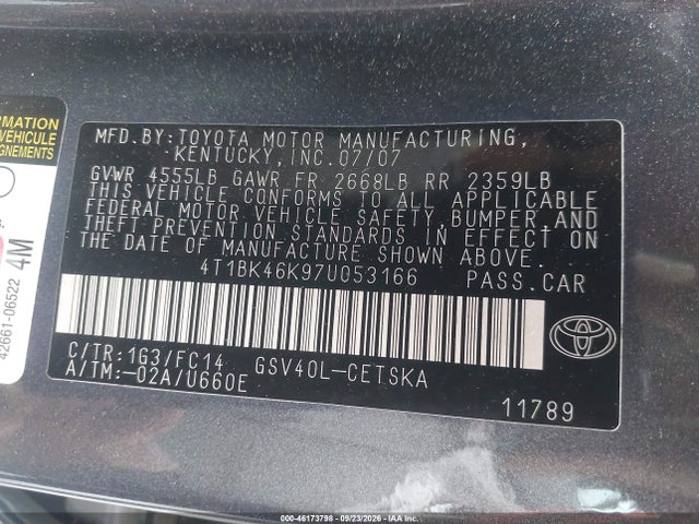 46173798 :رقم المزاد ، 4T1BK46K97U053166 vin ، 2007 Toyota Camry Se V6 مزاد بيع
