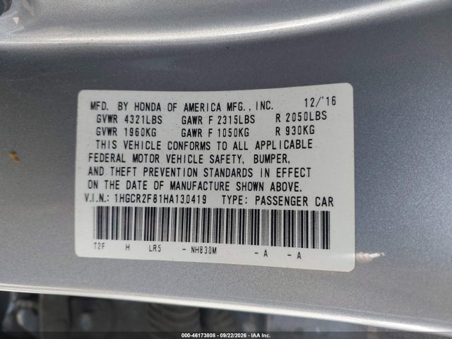 2017 Honda Accord Ex-l მანქანა იყიდება აუქციონზე, vin: 1HGCR2F81HA130419, აუქციონის ნომერი: 46173808